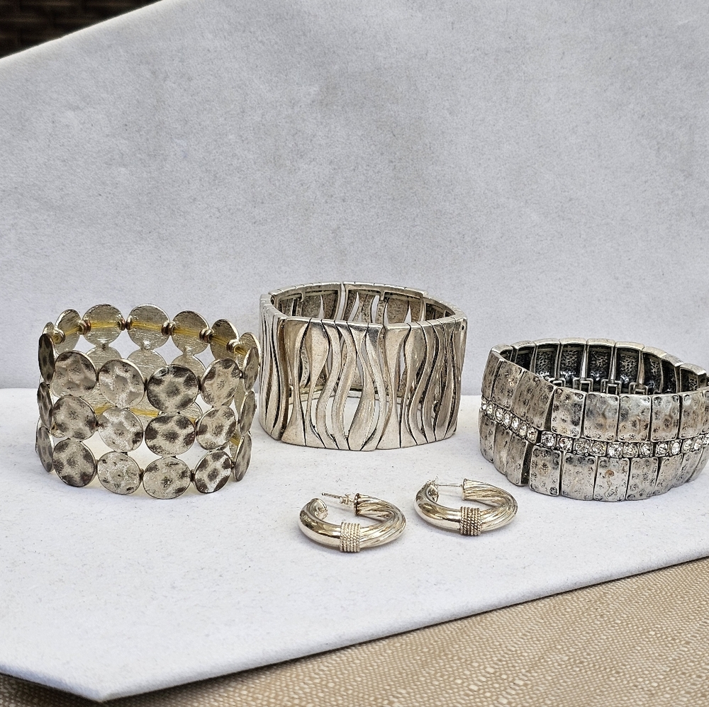 925 Earrings with Chunky Silvertone Stretch Bracelets SET!